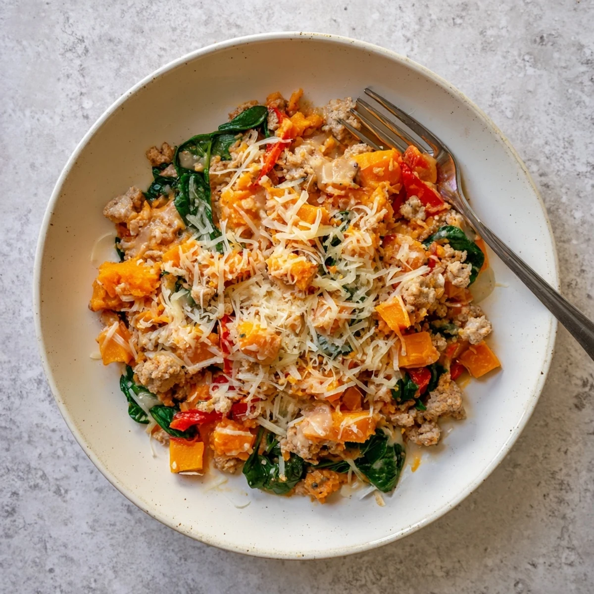 Golden melted cheese blankets this hearty ground turkey sweet potato bake casserole with tender vegetables