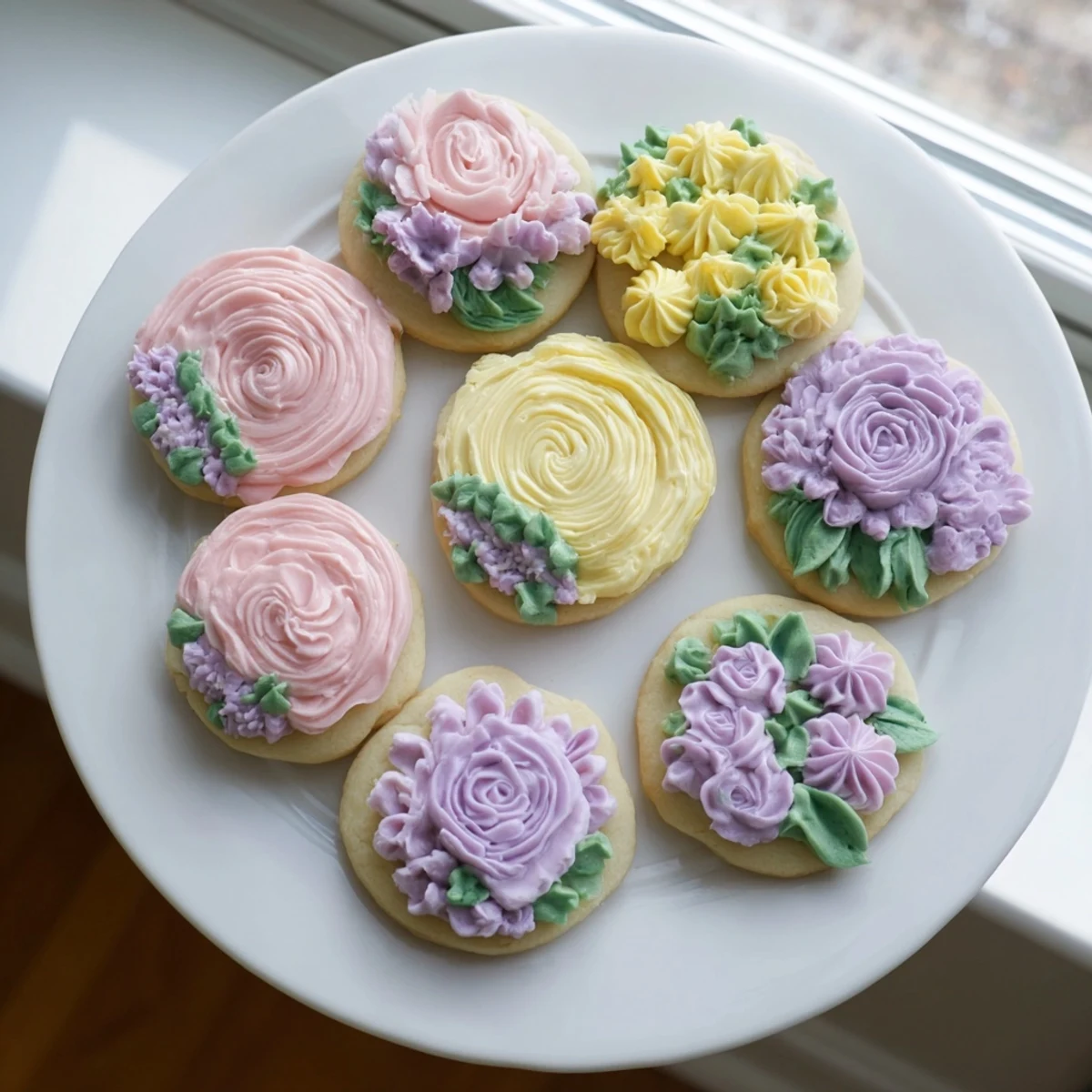 Golden sugar cookies topped with colorful piped buttercream flowers in vibrant shades of pink and yellow.