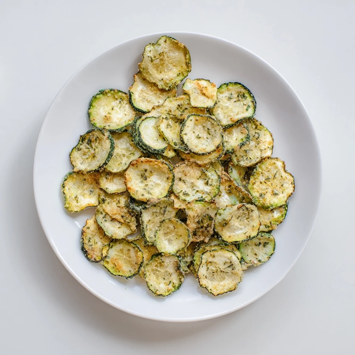 Close up of dehydrated ranch cucumber chips sprinkled with parsley and dill on dark surface