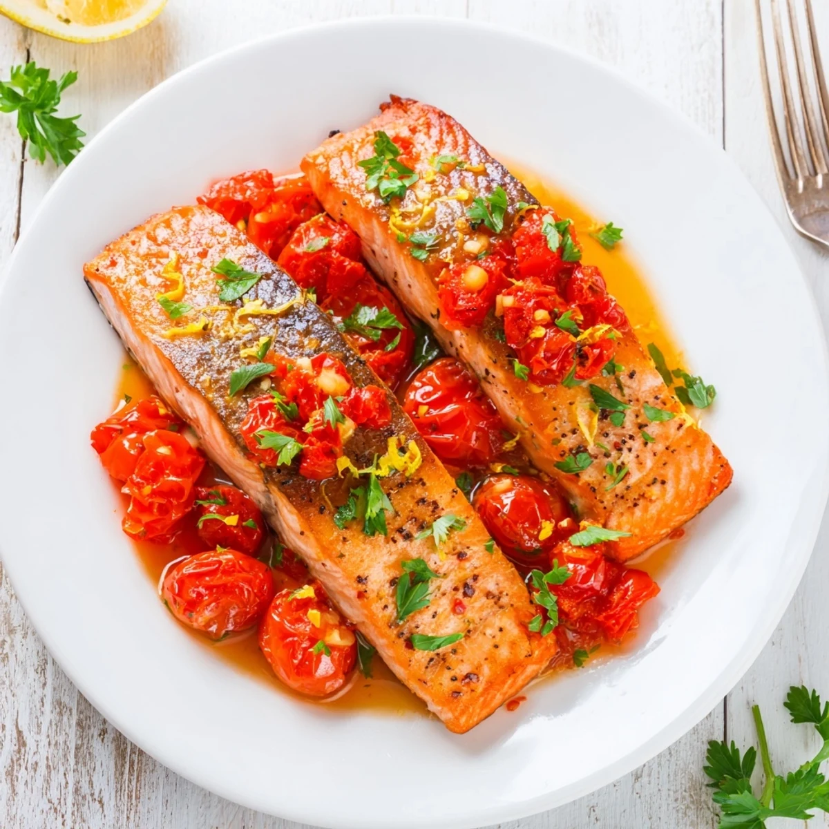 Pan-seared salmon fillets resting in vibrant tomato lemon sauce with fresh parsley garnish