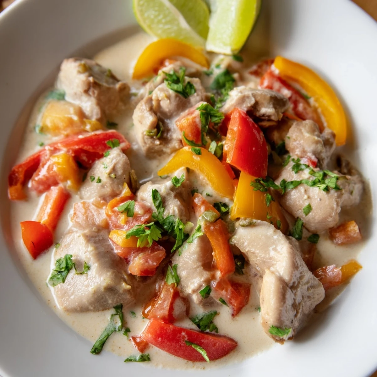 Golden chicken thighs simmered in a creamy spicy Brazilian coconut milk sauce with colorful bell peppers and fresh cilantro garnish