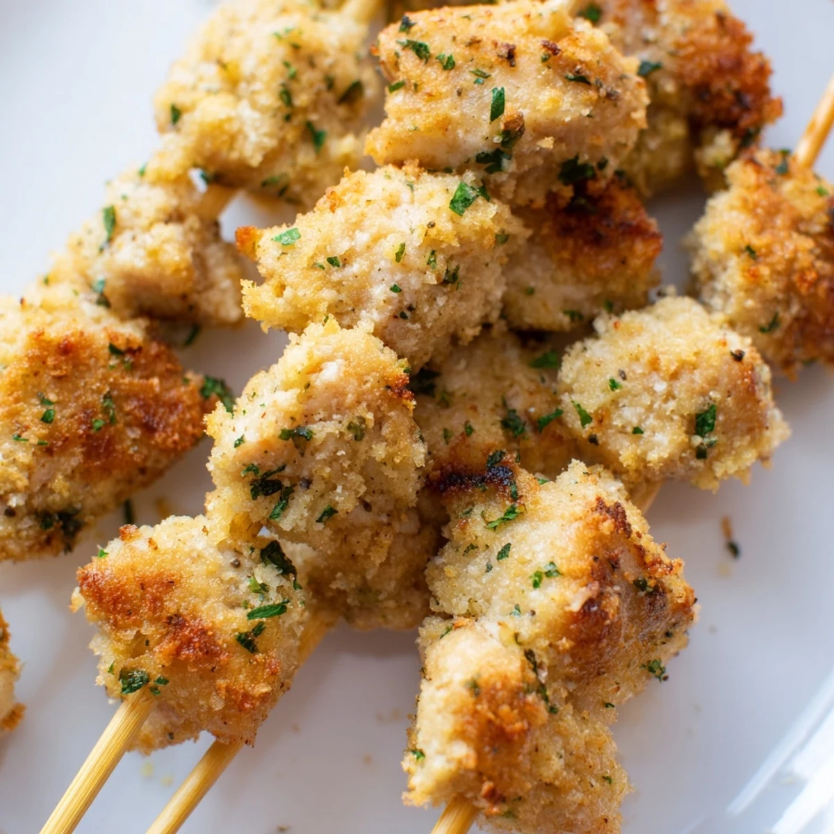 Delicious Air Fryer Garlic Parmesan Chicken Skewers served hot with lemon wedges and sprinkled fresh parsley