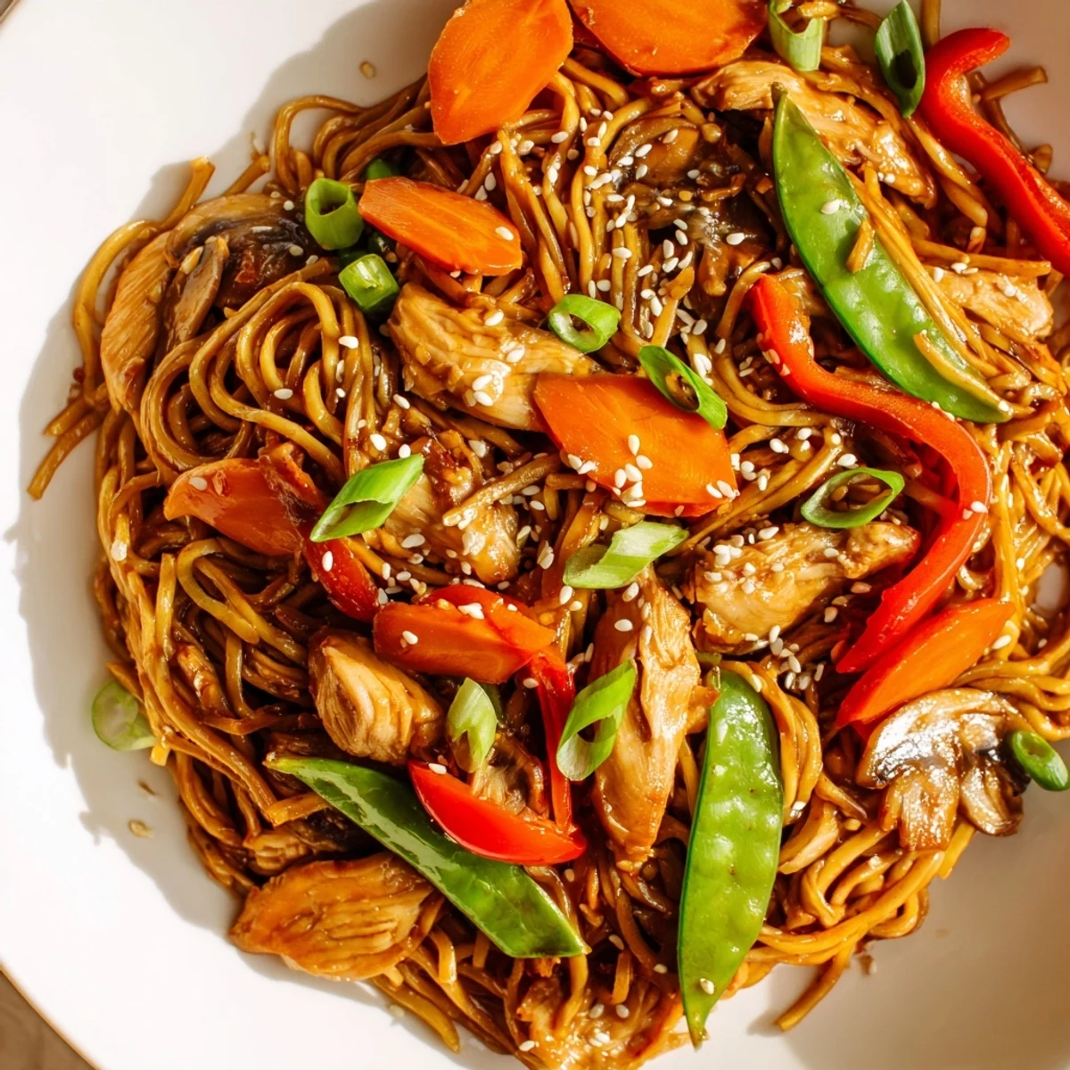 Colorful Easy Crockpot Chicken Lo Mein piled high with tender vegetables and glazed noodles in a rich savory sauce