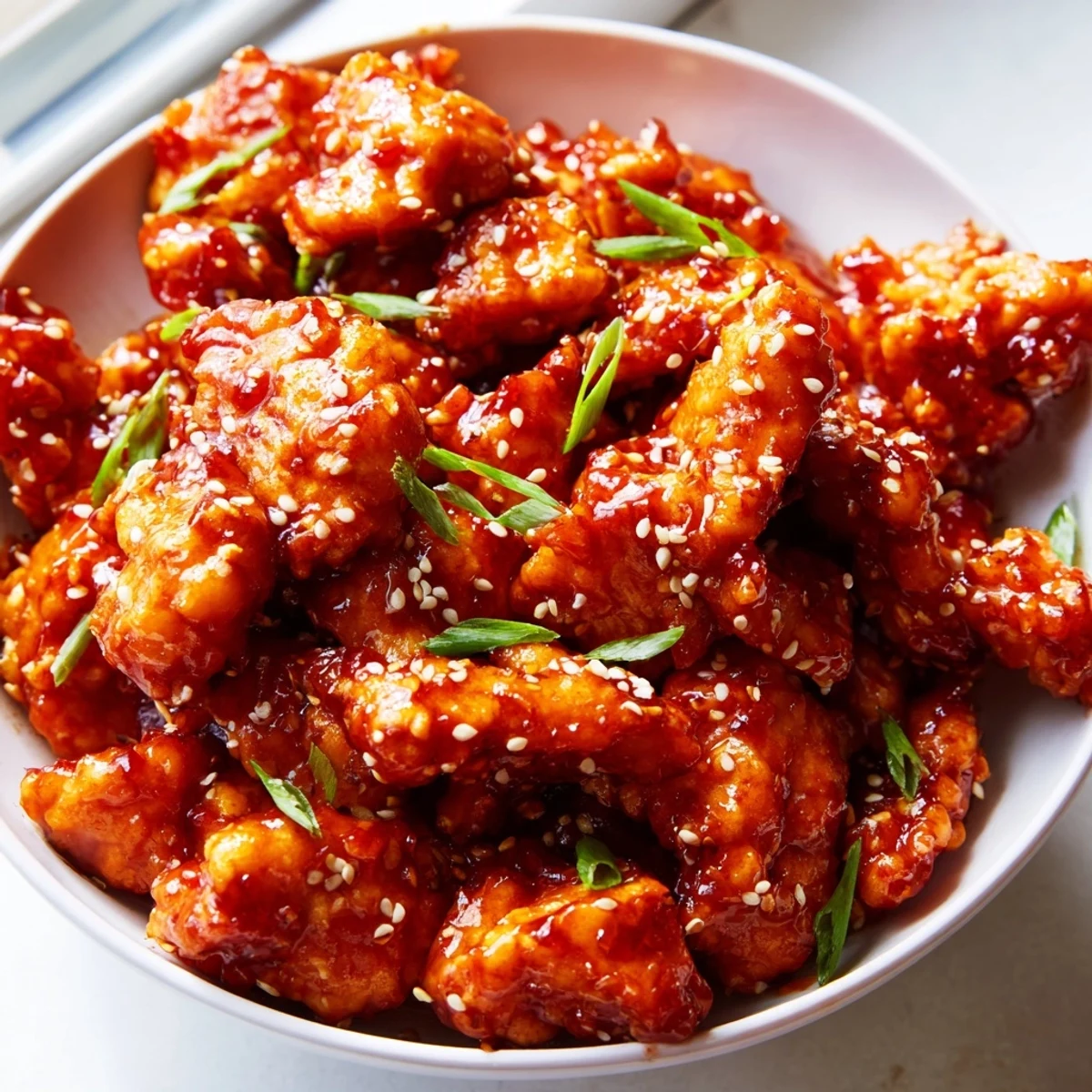 Fiery firecracker ground chicken in glossy red sauce arranged in a bowl with crisp bell pepper strips and toasted sesame seeds
