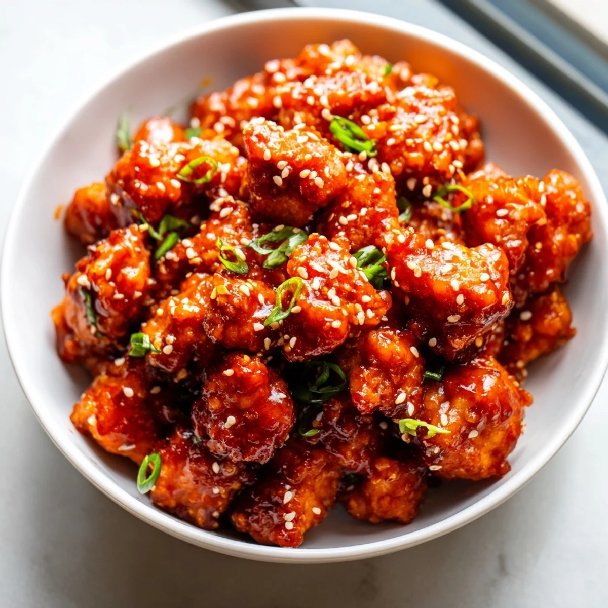 Spicy firecracker ground chicken bowl served over fluffy jasmine rice with fresh cucumber, shredded carrots, and creamy sriracha drizzle