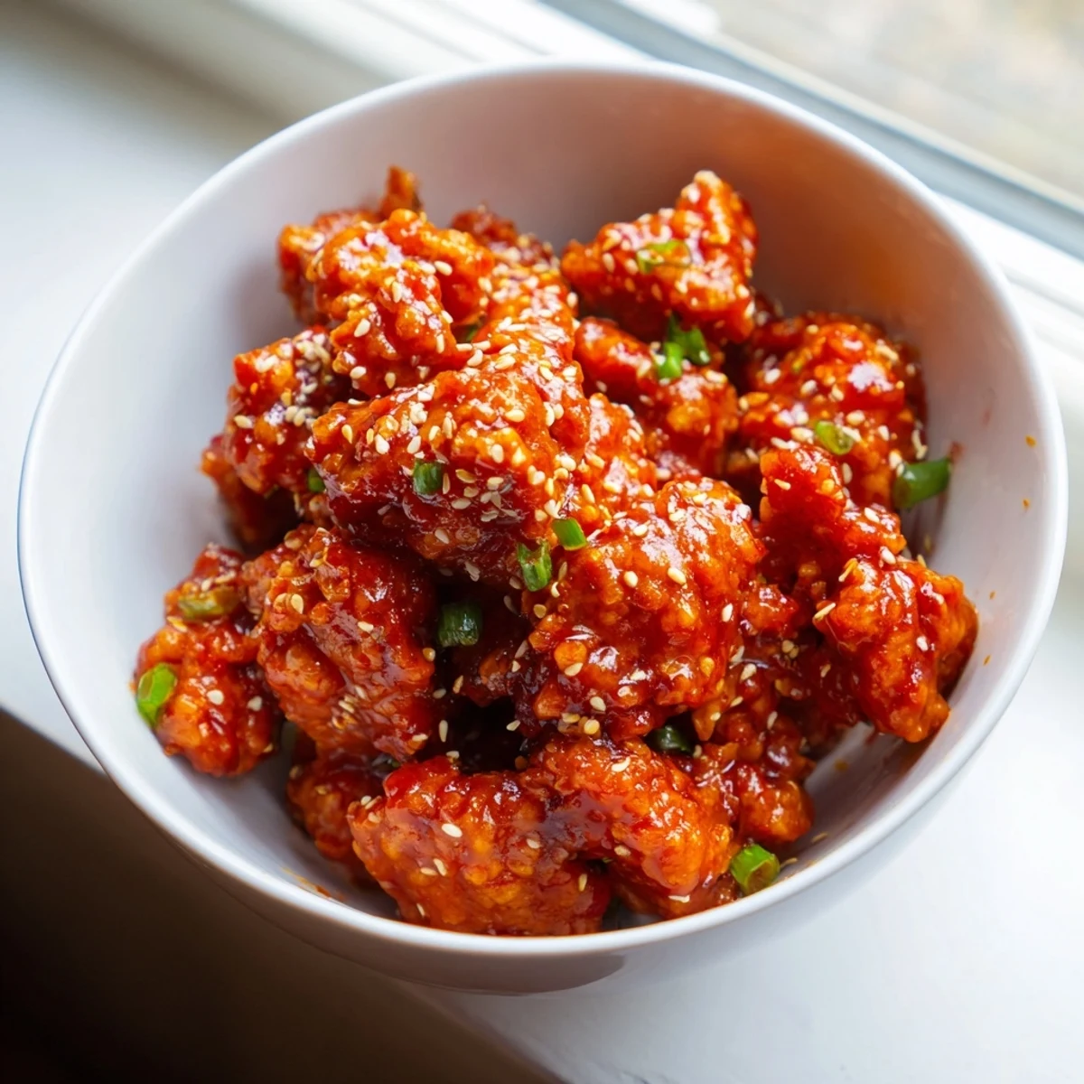 Savory firecracker ground chicken bowl topped with colorful vegetables, scallions, and spicy mayonnaise sauce over white rice