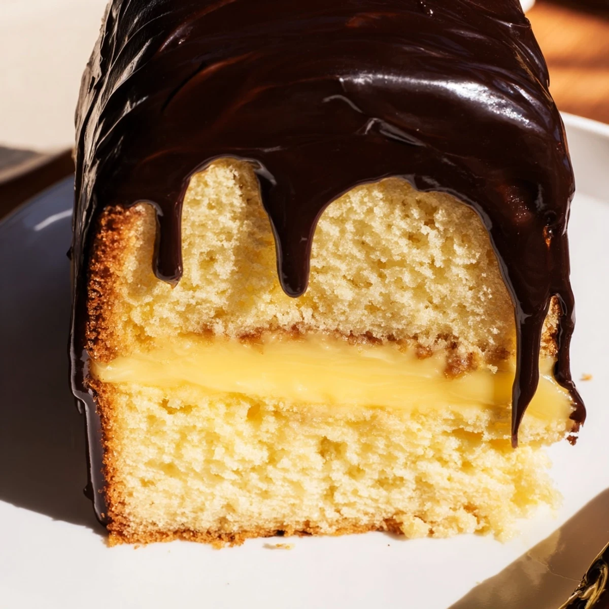 Golden slice of classic Boston cream pie showcasing vanilla custard and chocolate glaze