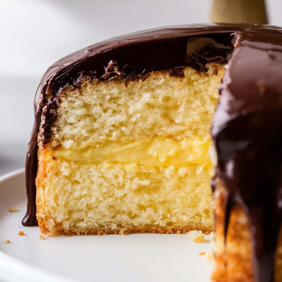 Classic Boston cream pie with silky chocolate ganache dripping down golden cake layers