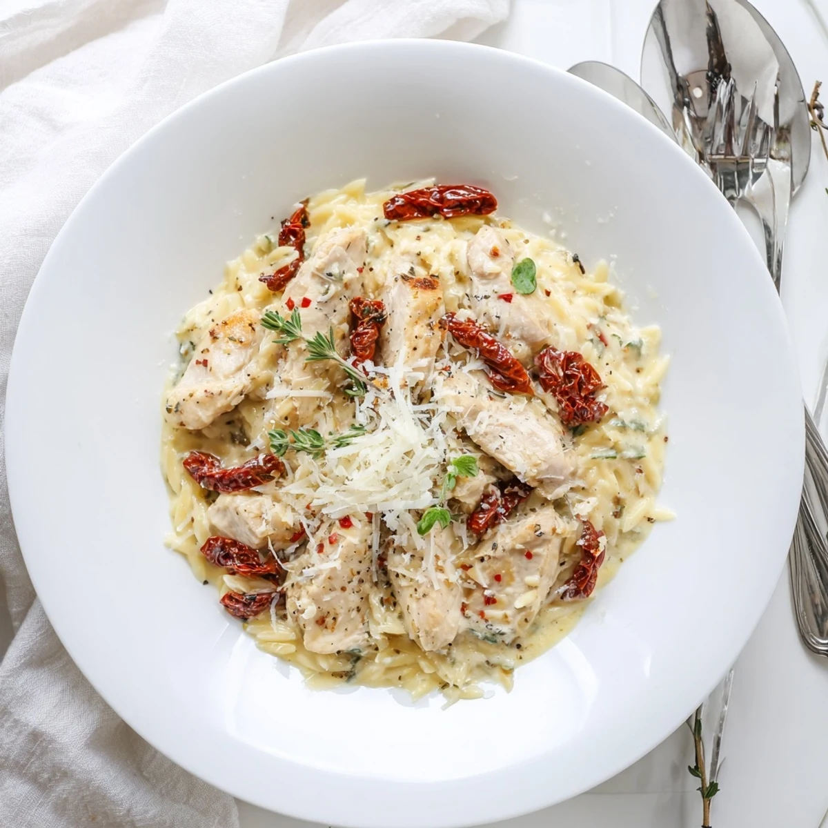 Golden seared chicken breasts nestled in creamy orzo with sun-dried tomatoes and fresh basil garnish