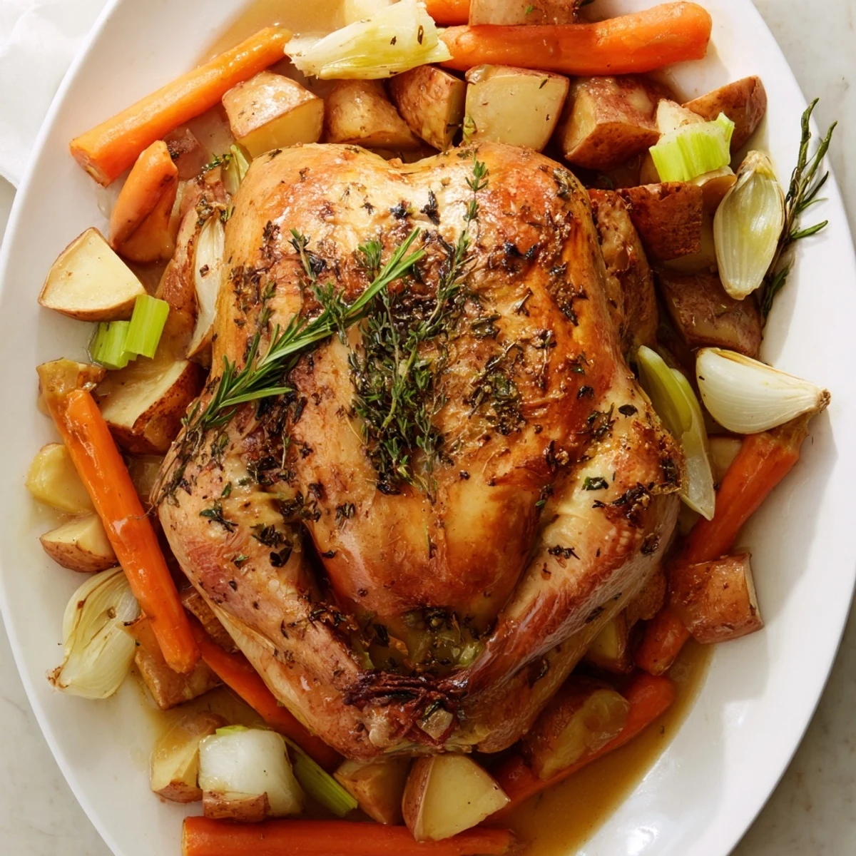 Golden brown Crockpot chicken pot roast surrounded by tender carrots and potatoes in rich gravy
