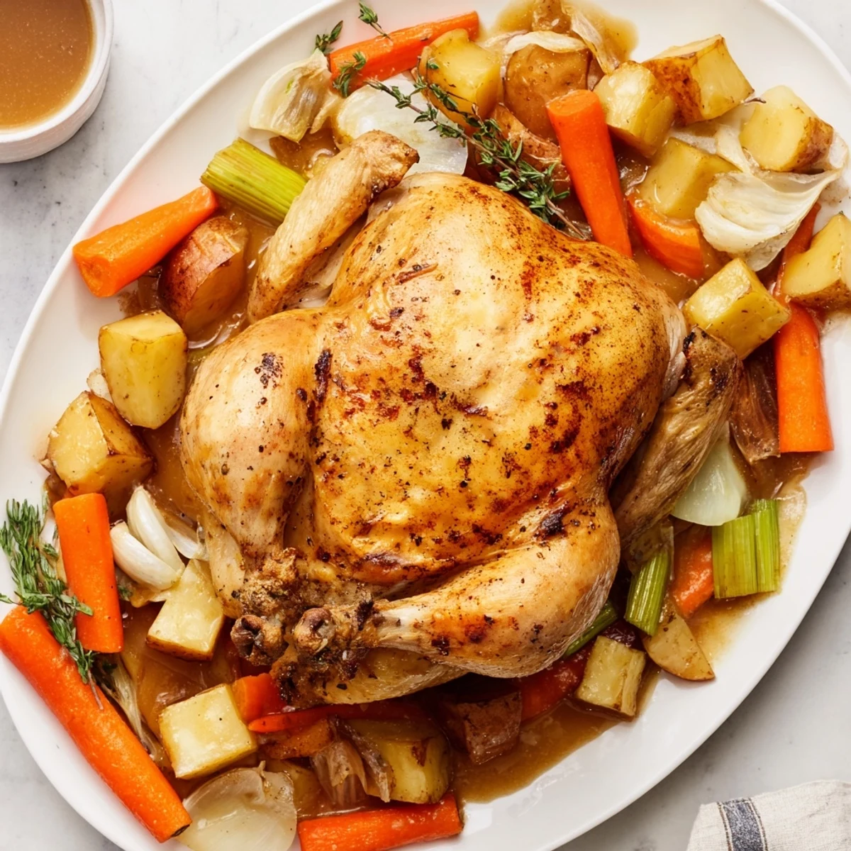 Whole slow-cooked chicken nestled with colorful root vegetables in a savory crockpot pot roast