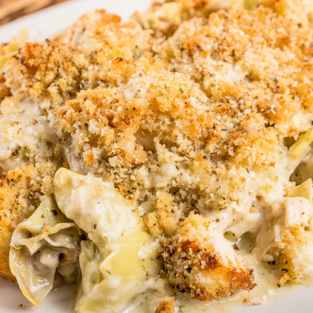 Creamy artichoke chicken bake casserole with melted cheese and golden brown crispy topping