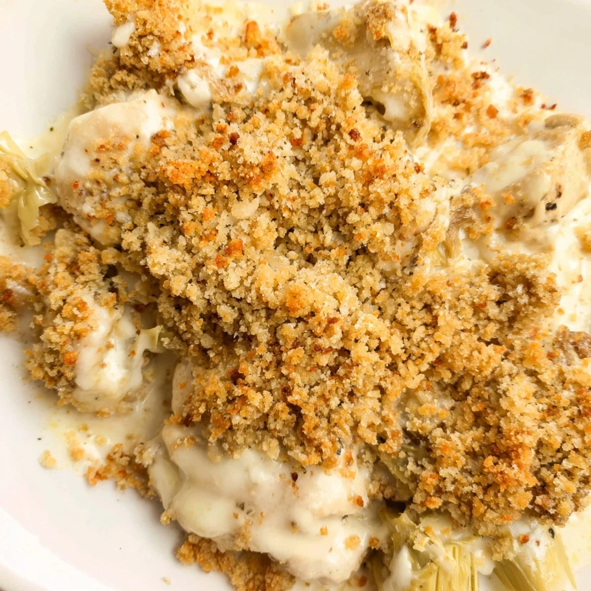 Golden bubbling artichoke chicken bake with crispy breadcrumb topping on tender baked chicken breasts