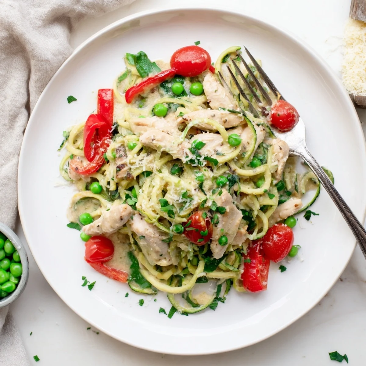 Protein-packed zucchini noodles in rich Parmesan sauce with tender chicken breast strips and vibrant vegetables