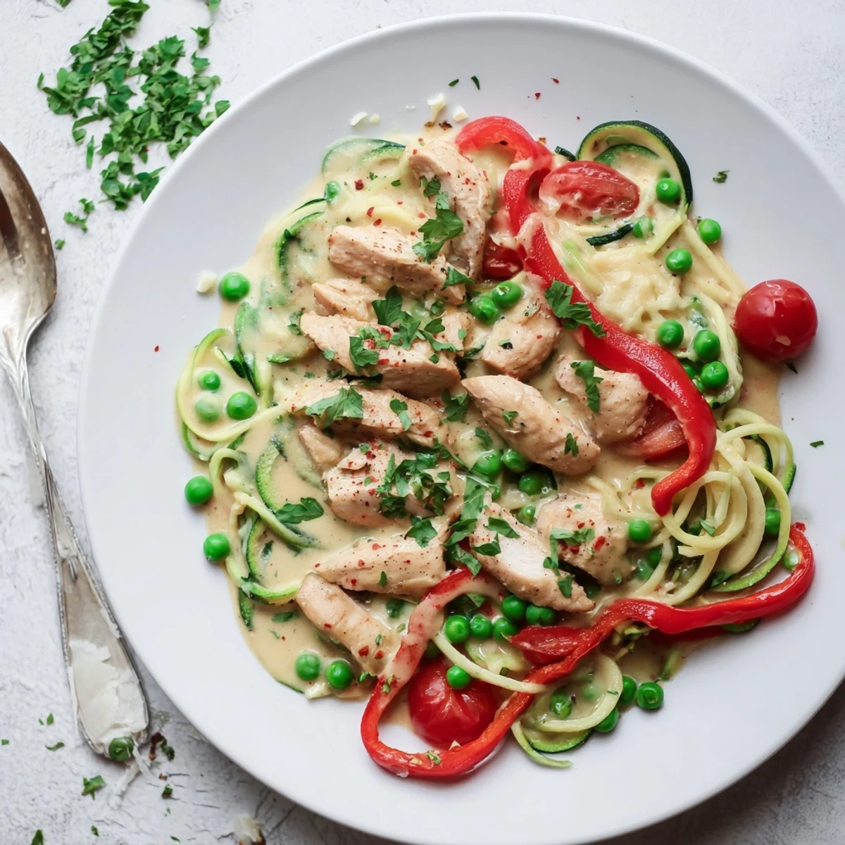 Spiralized zucchini Alfredo featuring juicy chicken, cherry tomatoes, and baby spinach in a creamy white sauce