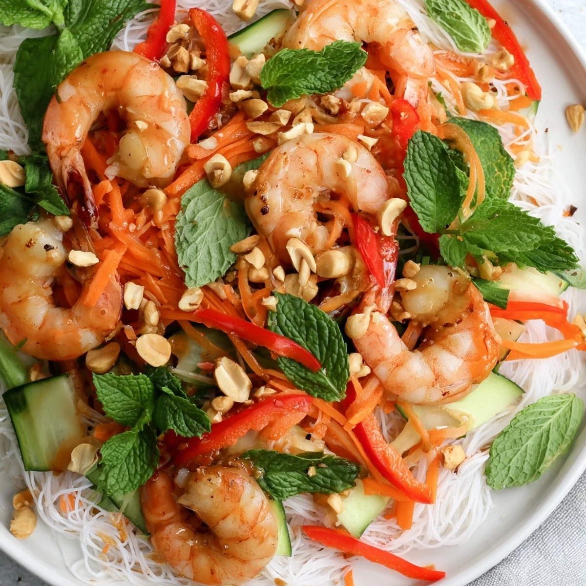Colorful Spring Roll Salad with Spicy Ginger Dressing featuring crisp vegetables, tender shrimp, and fresh herbs atop vermicelli noodles