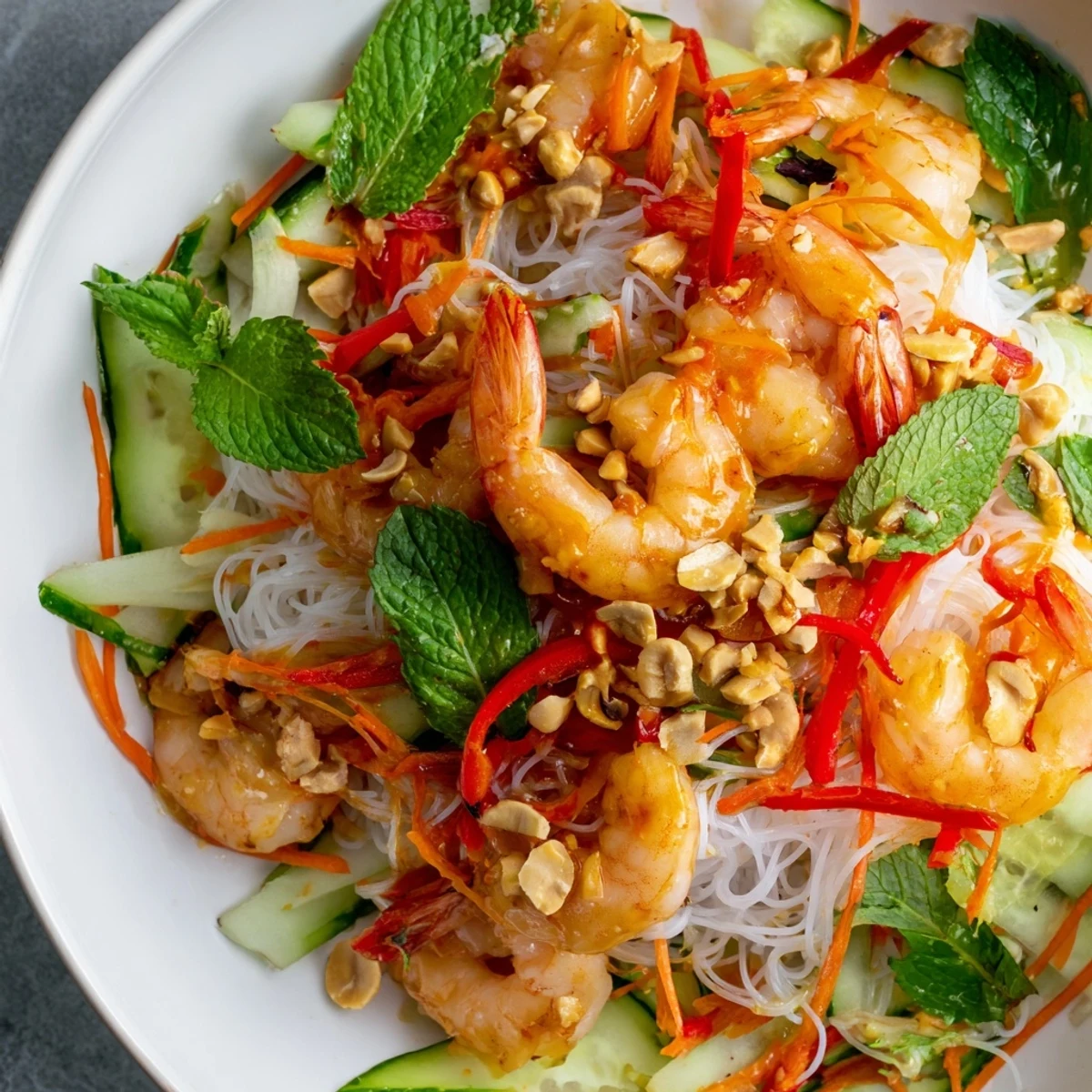 Vibrant Asian-inspired Spring Roll Salad with Spicy Ginger Dressing drizzled over julienned carrots, cucumber, bell pepper, and aromatic mint