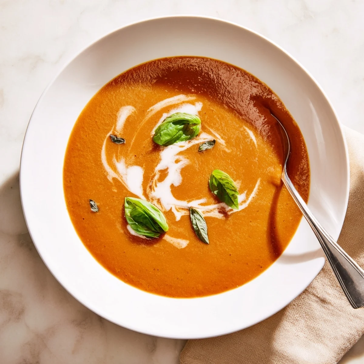 Creamy cozy tomato soup served in a white bowl with fresh basil garnish