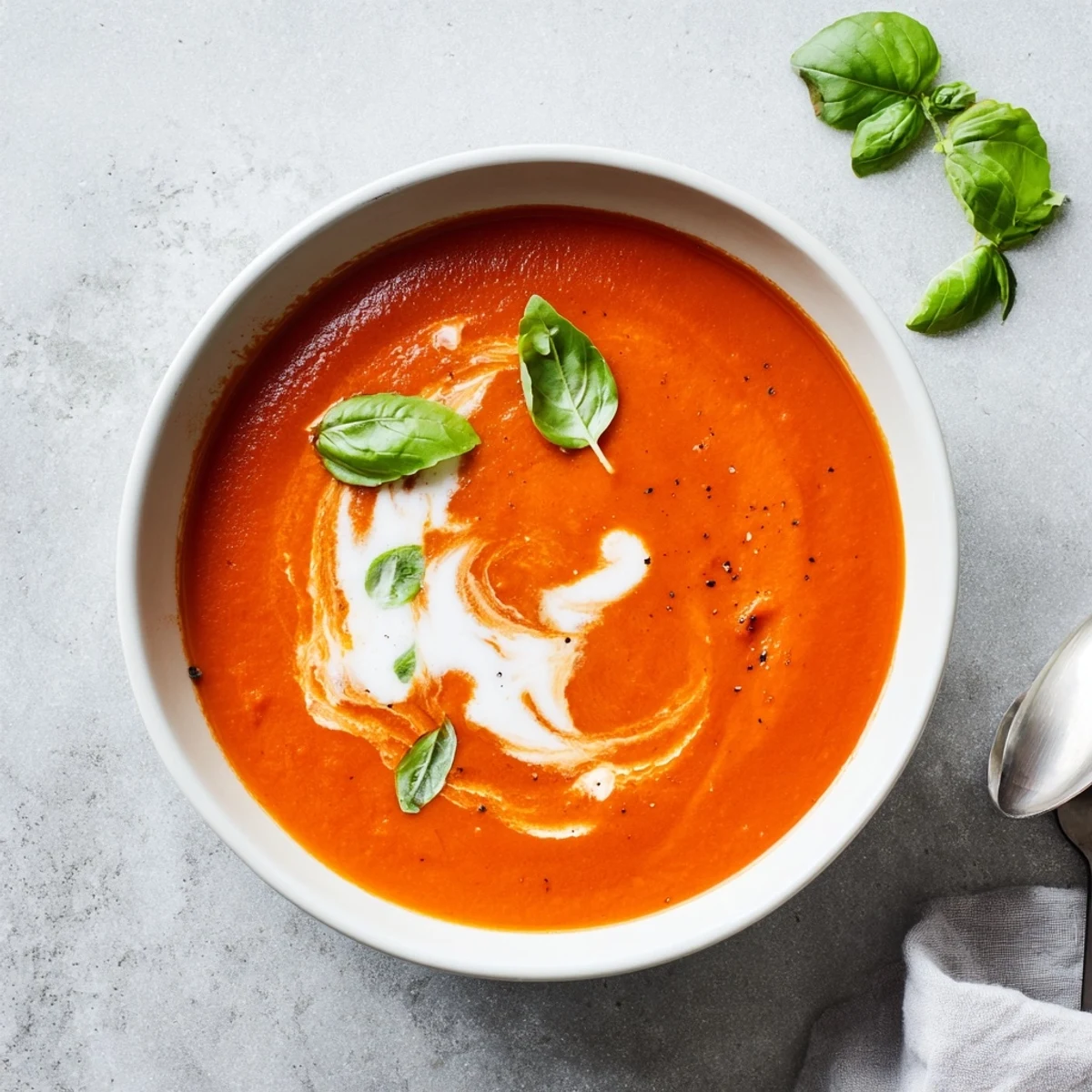 Steaming bowl of cozy tomato soup paired with grilled cheese sandwich on wooden board