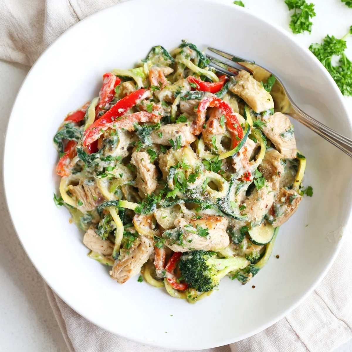 Creamy zucchini noodle chicken alfredo with tender broccoli and red bell pepper strips