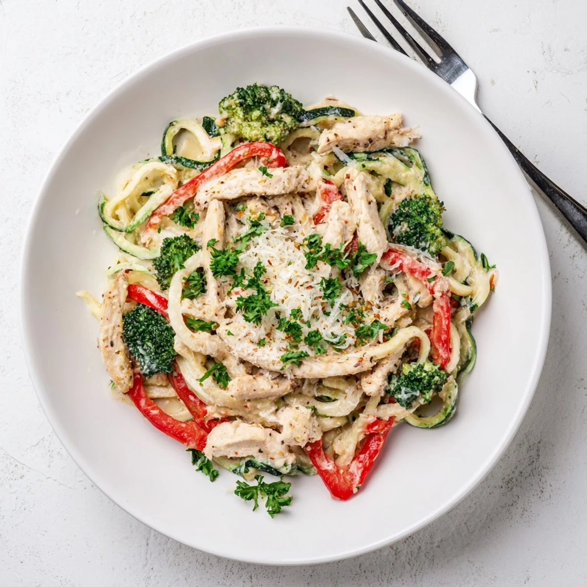 Golden chicken breast slices tossed in parmesan sauce over spiralized zucchini noodles