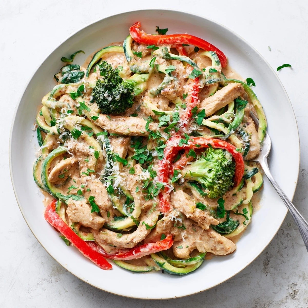 Protein packed chicken alfredo featuring vibrant vegetables on light zucchini noodle pasta