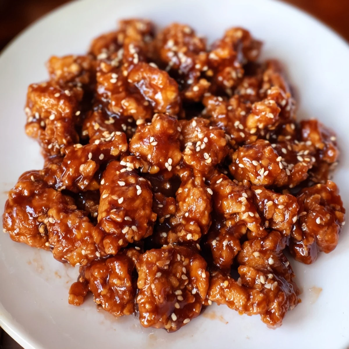 Tender slow-cooked Sesame Chicken drizzled with savory sauce over white rice with green onions