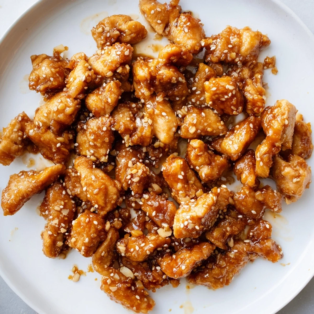 Juicy chicken thighs simmering in rich Crock Pot Sesame Chicken sauce with toasted sesame topping