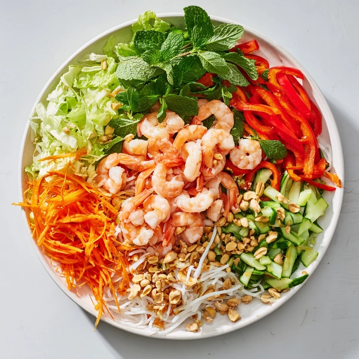 Colorful Spring Roll Salad with Spicy Ginger Dressing topped with plump shrimp and crunchy peanuts