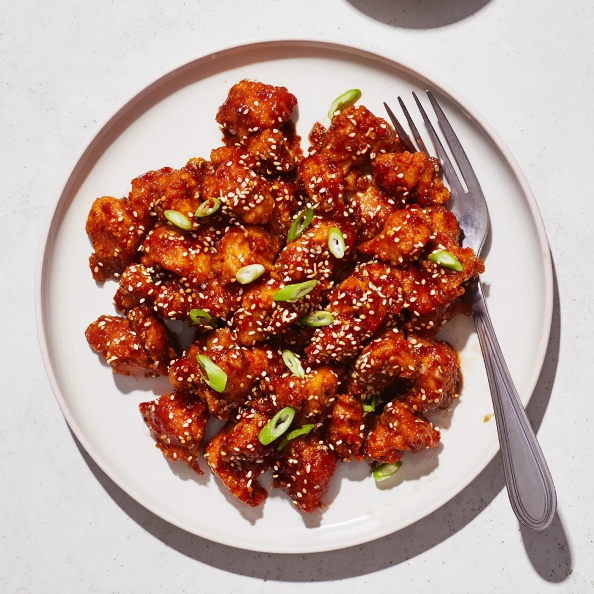 Golden Crock Pot Sesame Chicken pieces coated in thick glossy sauce and topped with toasted sesame seeds