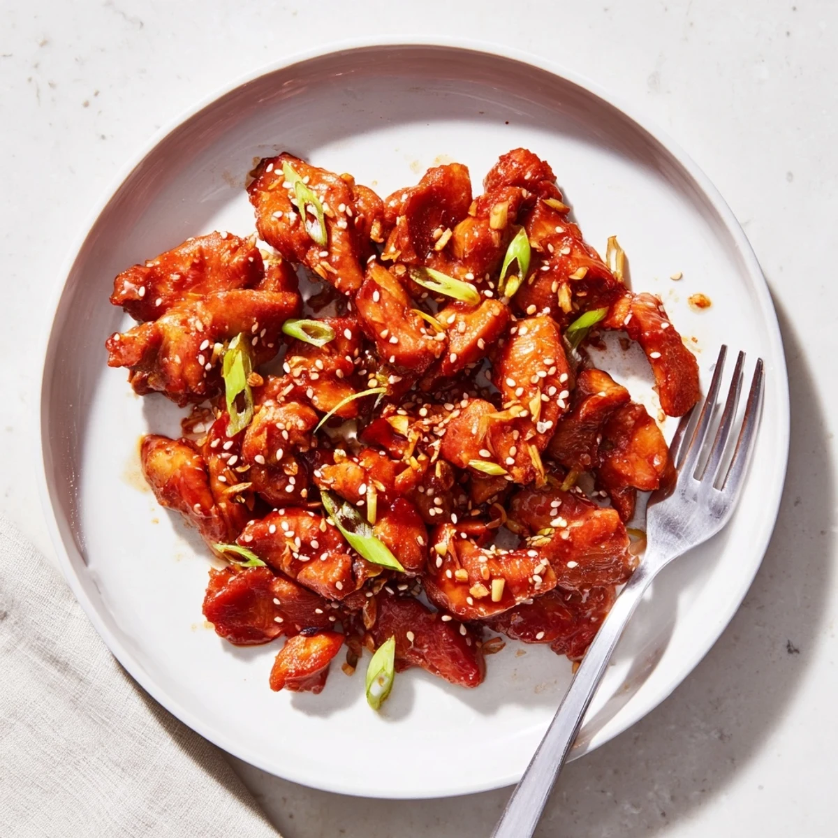Tender sesame chicken thighs in a rich sweet savory crock pot sauce with nutty sesame garnish