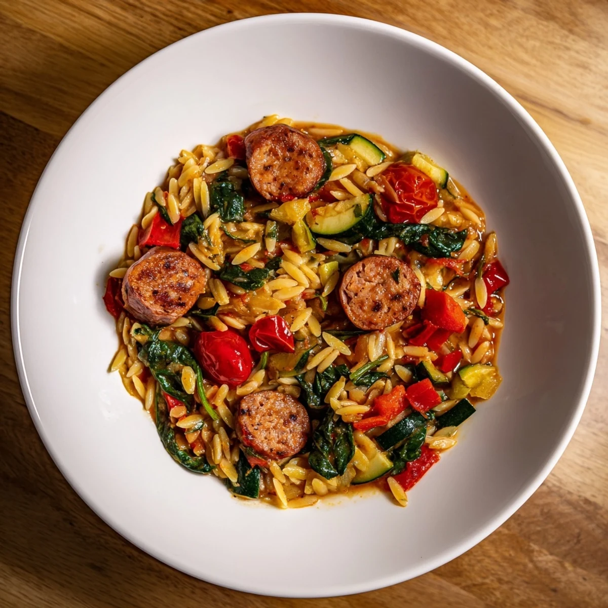 Creamy chicken sausage orzo one pot meal with tender pasta and colorful vegetables in a rich broth