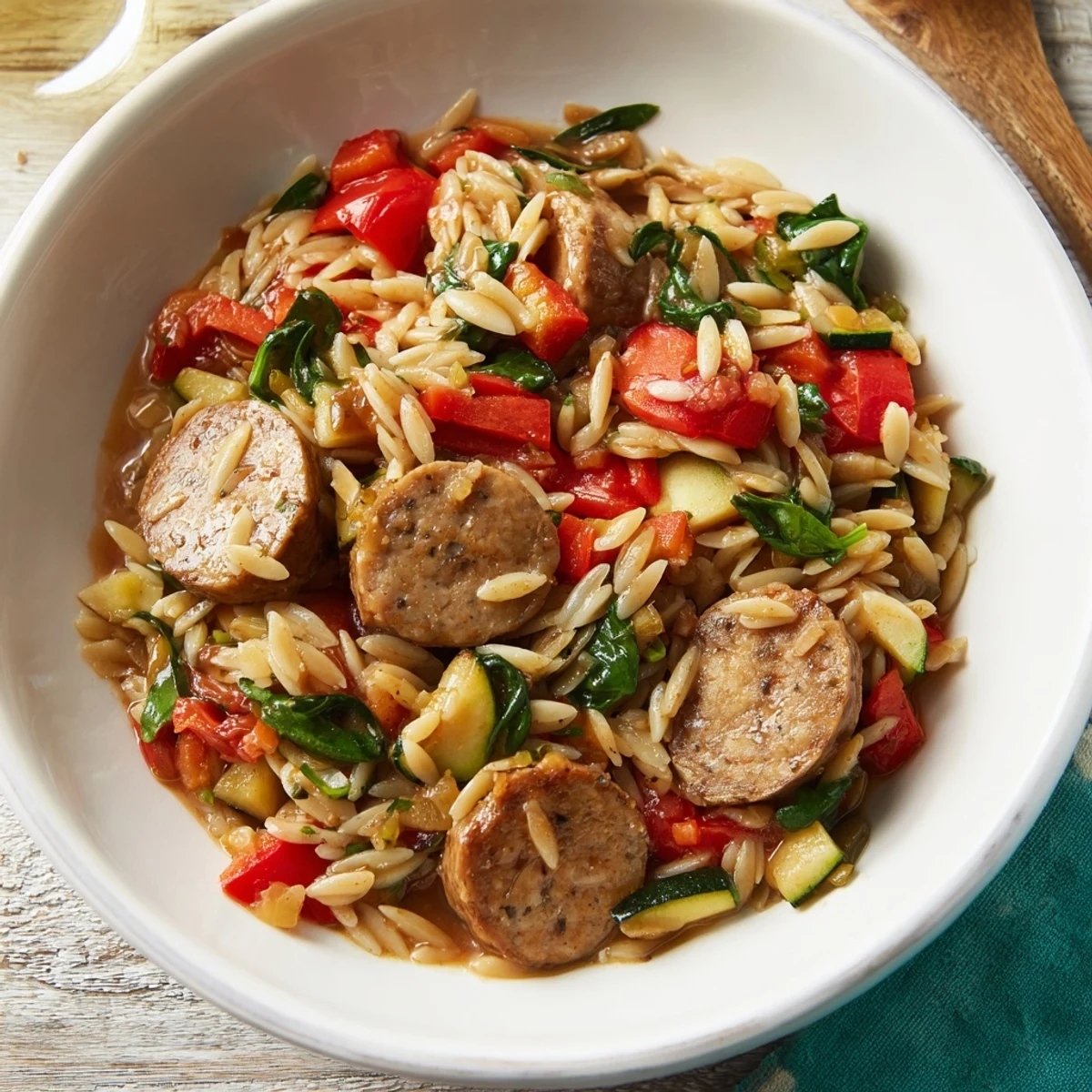 Golden orzo simmered with sliced chicken sausage, bell peppers, and fresh spinach in this easy one pot dinner