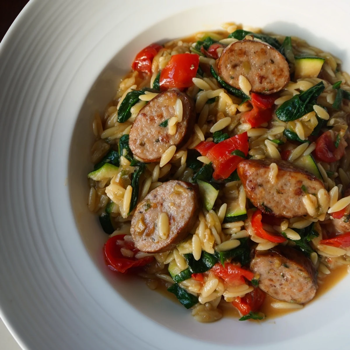 Hearty chicken sausage orzo one pot dish topped with grated Parmesan and vibrant red tomatoes