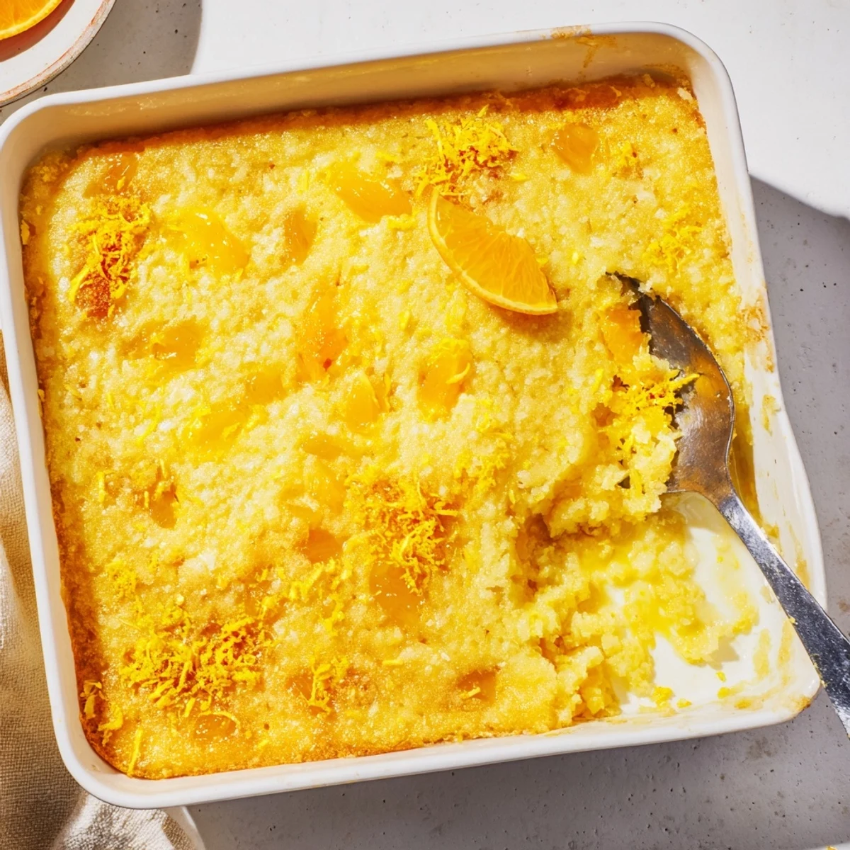 Golden citrus lemon dump cake with bubbling lemon pie filling and mandarin orange segments beneath a buttery yellow cake topping
