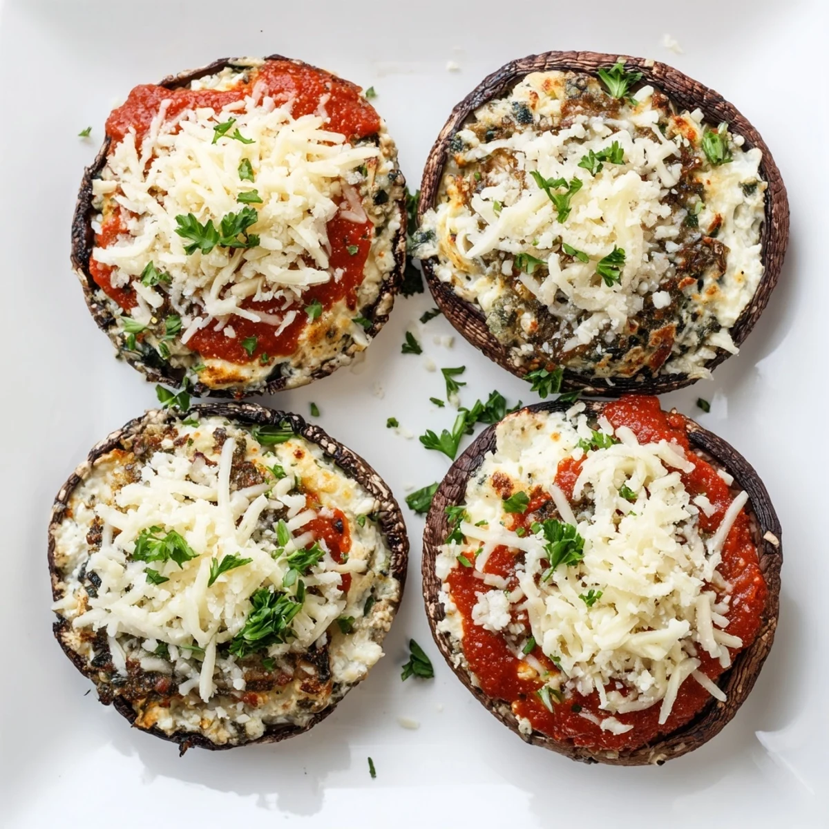 Golden baked portobello mushrooms stuffed with ricotta cheese and bubbling mozzarella topped with marinara