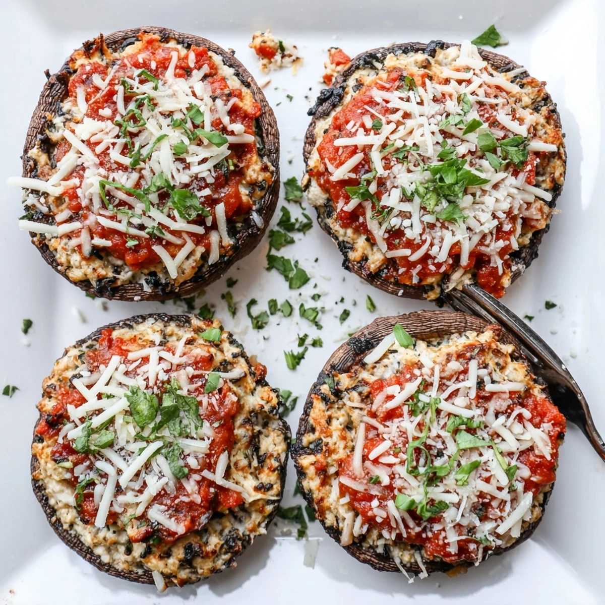 Hearty stuffed lasagna portobellos featuring melted cheese and savory tomato sauce on a baking sheet