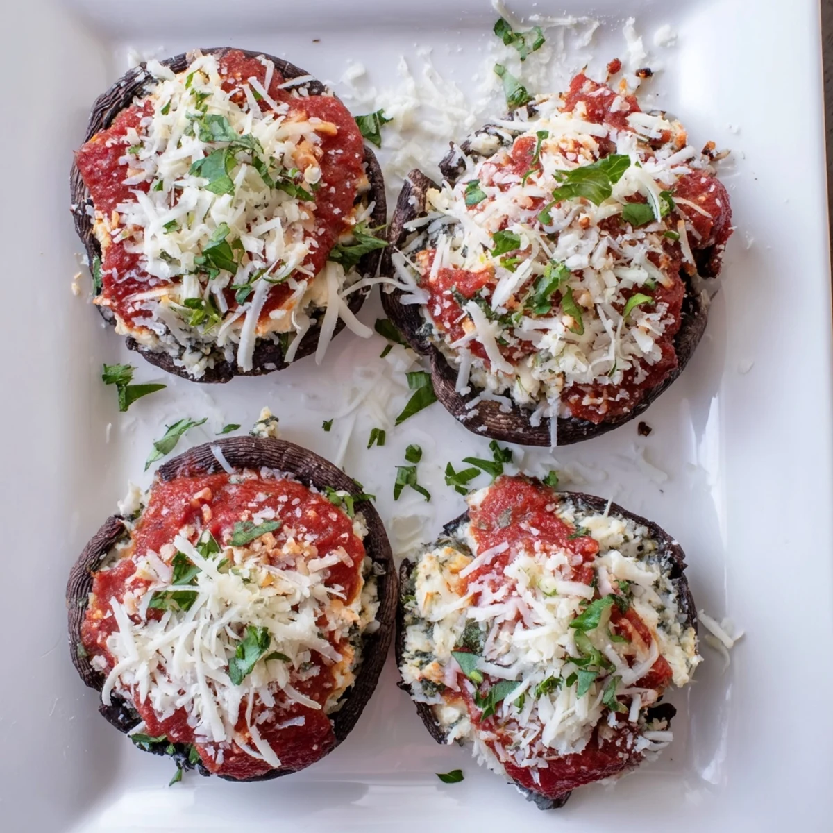 Freezer-friendly lasagna stuffed mushrooms with golden brown cheese and fresh basil garnish on white plate