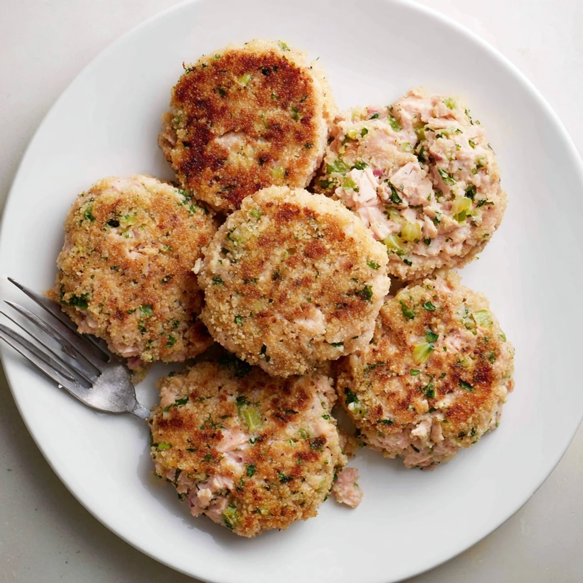 Crispy pan-fried easy salmon cakes with canned salmon garnished with chopped parsley and creamy dipping sauce