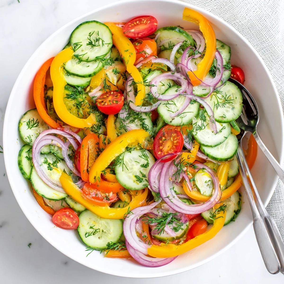 Colorful cucumber and sweet pepper salad featuring crisp sliced produce and zesty lemon vinaigrette