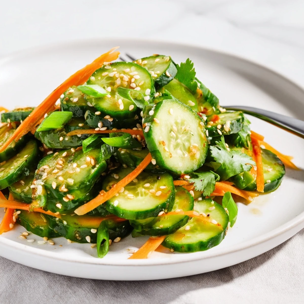 Fresh crisp Asian cucumber salad with thinly sliced cucumbers in tangy sesame soy dressing topped with sesame seeds