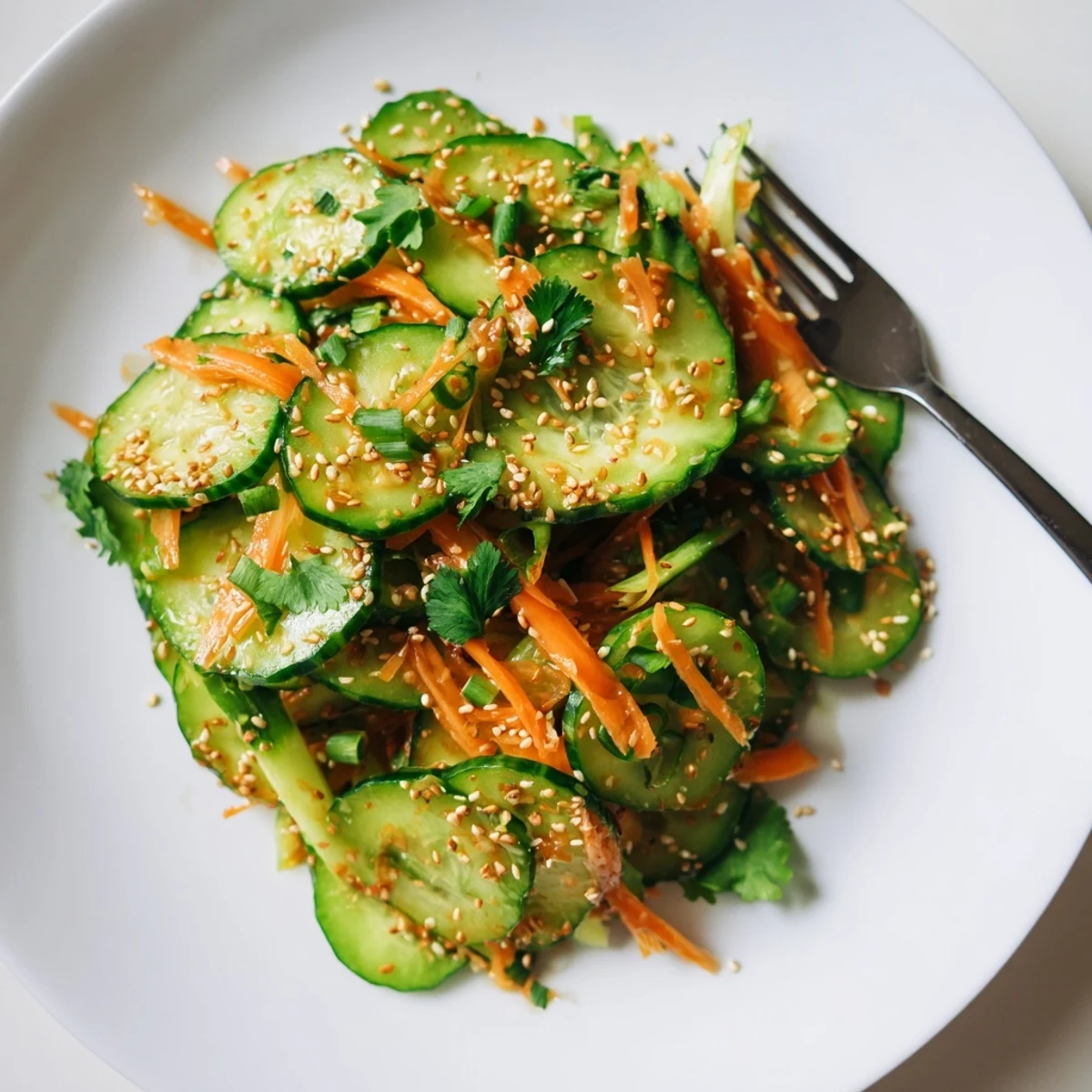 Glossy marinated cucumbers tossed in savory Asian dressing with green onions and toasted sesame seed garnish