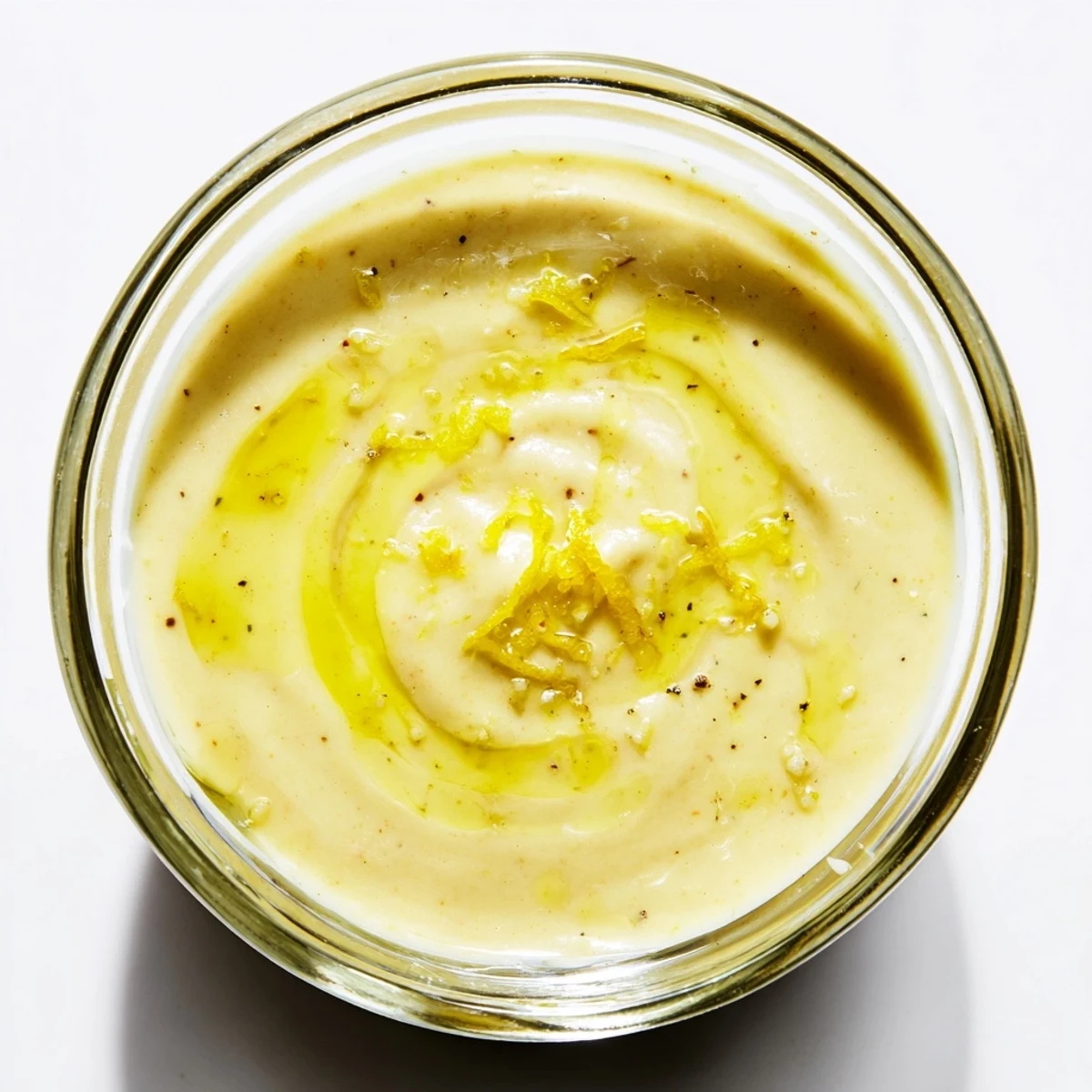 Golden creamy lemon vinaigrette drizzled over fresh green salad in white bowl