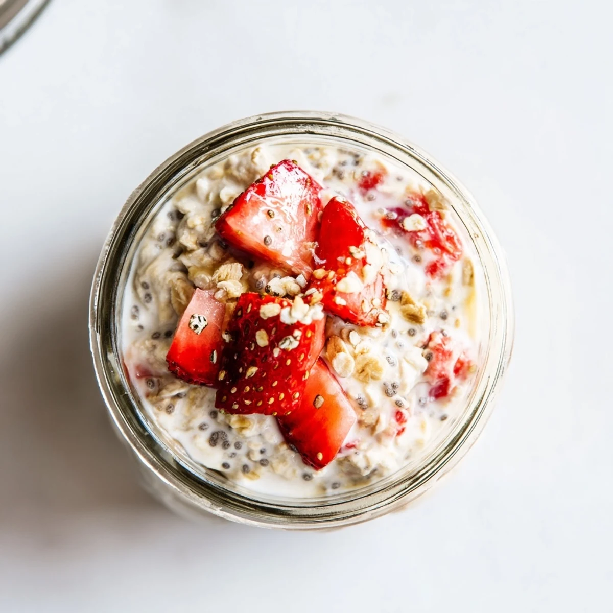 Mason jar of strawberries and cream overnight oats garnished with granola and chopped nuts
