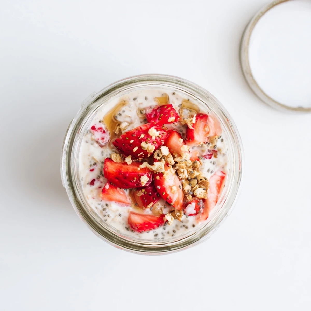 Glass jar layered with creamy strawberries and cream overnight oats topped with fresh strawberry slices