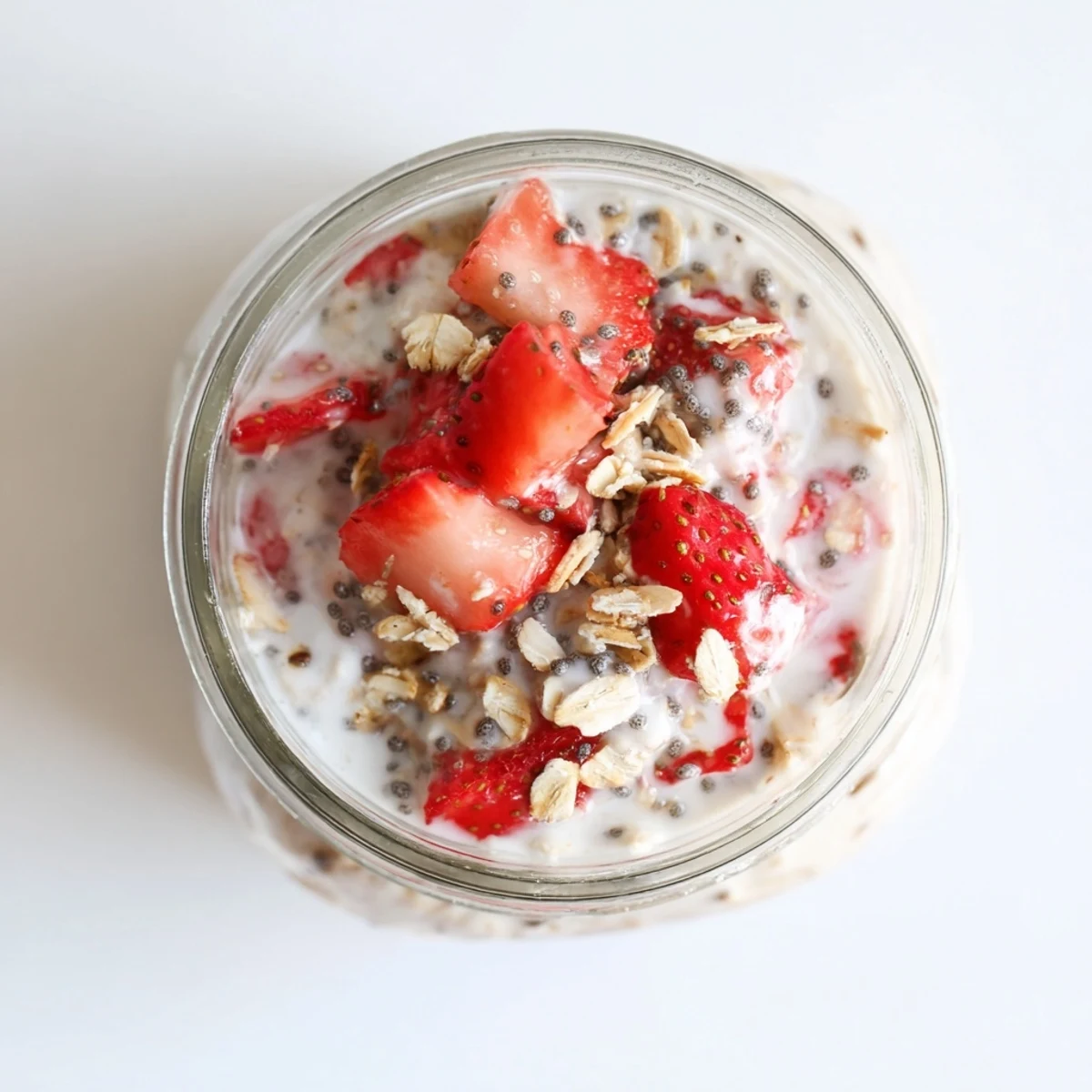 Creamy strawberries and cream overnight oats in a glass jar with chia seeds and diced strawberries