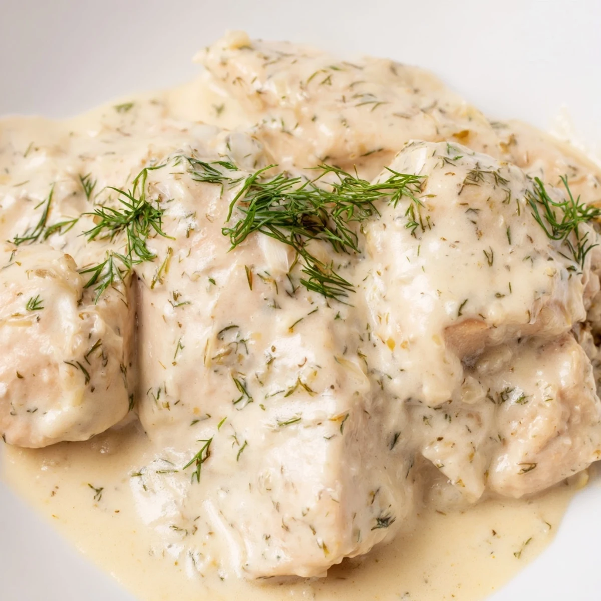 Golden brown chicken breasts resting in a rich creamy dill sauce with fresh herb garnish