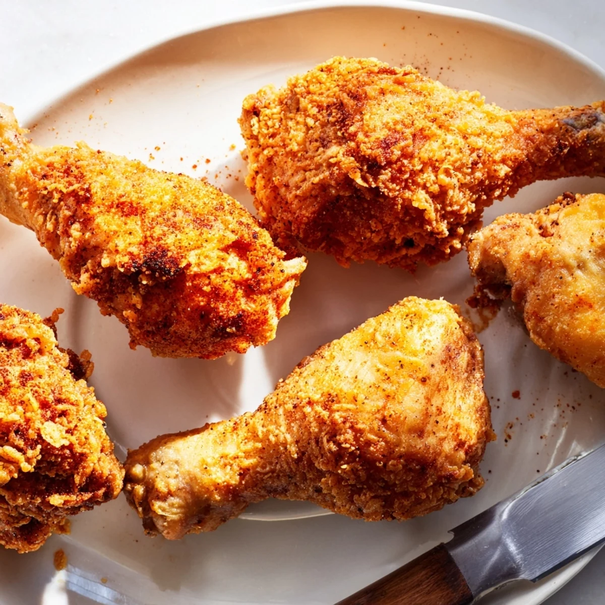 Golden brown crispy Southern fried chicken pieces arranged on a wire rack after frying