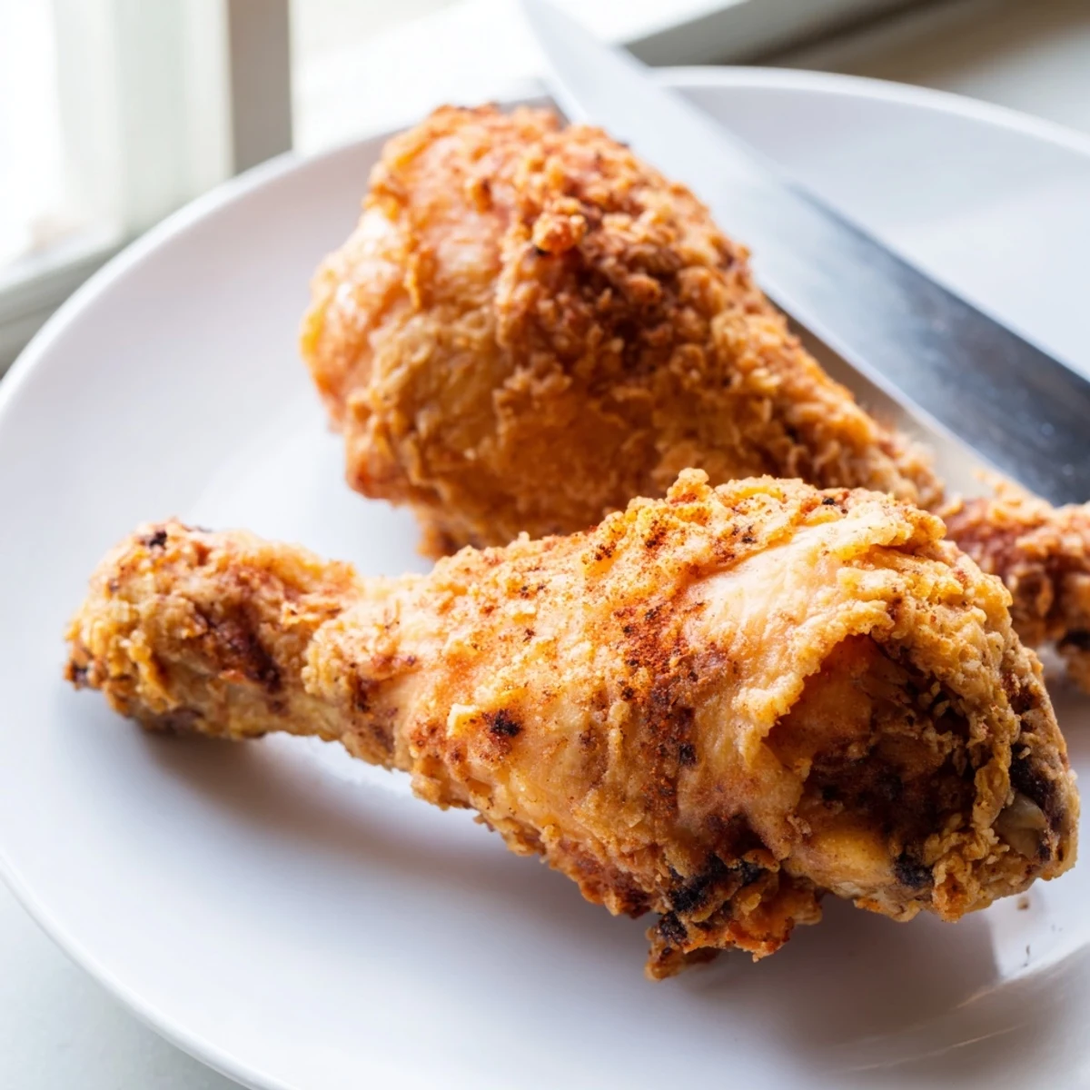 Juicy buttermilk marinated Southern fried chicken with seasoned crunchy coating served on white plate