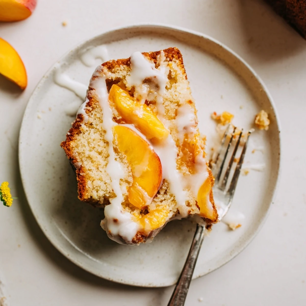 Buttery pound cake layered with spiced peaches and sweet vanilla icing topping
